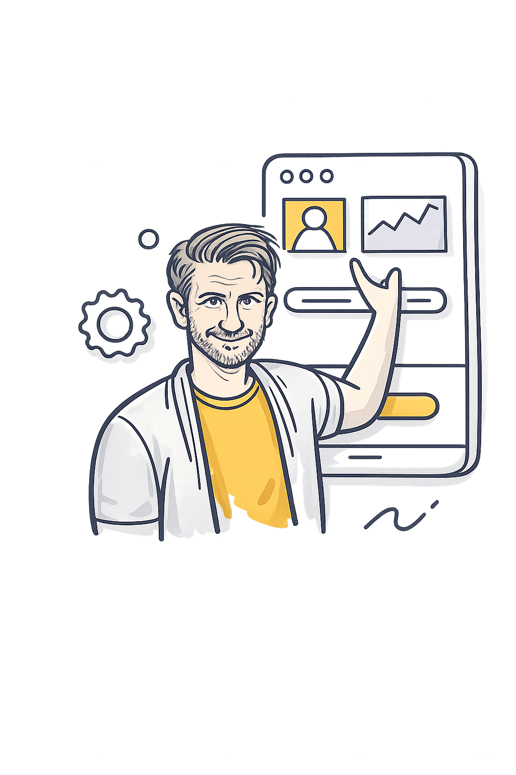 Illustrated portrait of Mark Hems with UX interface